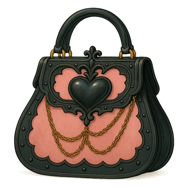 Pink and black gothic purse in Ghibli style, heart-shaped clasp, delicate chains, fantasy vibe, no background sticker