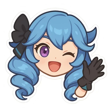 chibi style Gwen from League of Legends, only head, right eye purple, waving with gloved hand, wide smile, energetic expression sticker