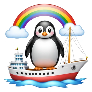Penguin on a ship with a rainbow overhead. sticker