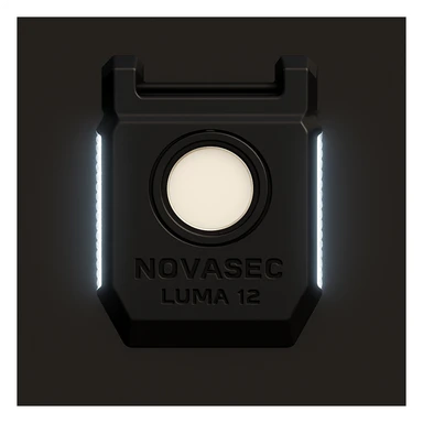 Add a thin white LED light strip along each side of the device, keeping the rest of the design unchanged. Maintain the technical, orthographic front view of the NOVASEC LUMA 12 underbarrel attachment in a detailed, technical style. sticker