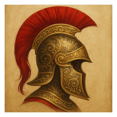 Roman Centurion's helmet, stylized, gold and red accents, artistic and elegant sticker