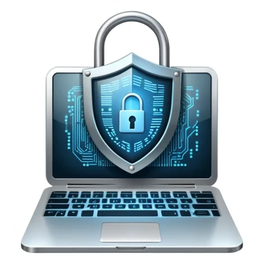 An icon featuring a digital shield with a lock, binary code, symbolizing cybersecurity. The design includes a laptop, warning icons, and secure network nodes, representing protection against cyber threats. Transparent background highlights digital safety and defense. sticker