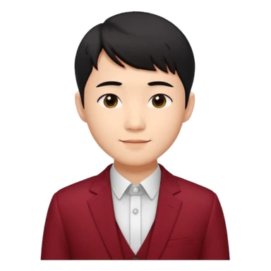 handsome Asian man emoji, short black hair with soft fringe, clean and elegant look, fair skin, gentle smile, wearing dark red suit and white shirt sticker