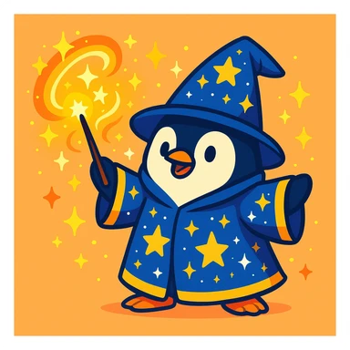 a penguin wizard casting a spell, with sparkles and a starry robe, cute cartoon style sticker