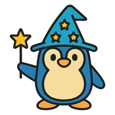 A penguin wizard wearing a wizard hat and holding a magic wand. sticker
