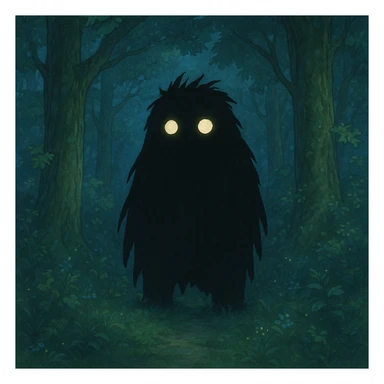 mysterious shadowy monster with glowing eyes in a magical forest background in ghibli style sticker