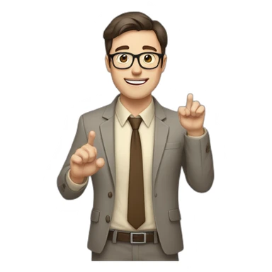 To belt Actively gesturing with hands Okay Pale skinned fit man with dark brown hair in gray jacket, beige office shirt, brown tie, brown pants and vintage glasses. sticker