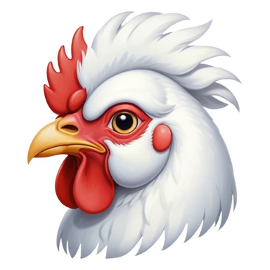 Cinematic Noble White Rooster Portrait Emoji, Poised and regal, with a robust, commanding build and a pristine, well-groomed pure white plumage, deep-set soulful piercing eyes, Simplified yet sharp and sophisticated features, highly detailed, glowing with a soft, dignified glow, high shine, intelligent and proud, stylized with an air of barnyard majesty, focused and attentive, soft glowing outline, capturing the essence of a watchful and confident leader, so majestic it feels as though it could crow out of the screen with effortless authority! sticker
