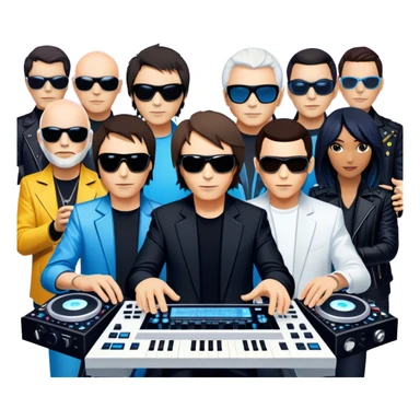 Icon for Electronic Music: Jean-Michel Jarre, Moby, DJ Tiesto, and Jorn van Deynhoven performing with synthesizers, turntables, and futuristic lighting effects. The design should evoke the vibrant and immersive atmosphere of electronic music festivals. Transparent background. sticker