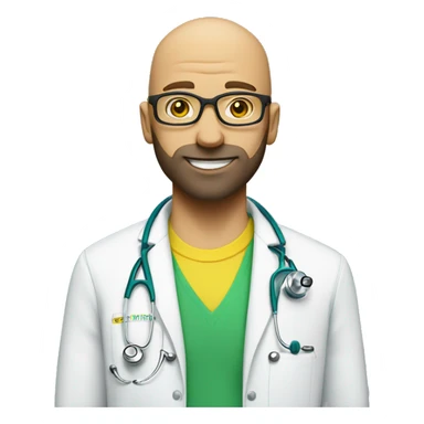 bald man with scruff, and blue eyes, and bright yellow stethoscope, and green glasses sticker