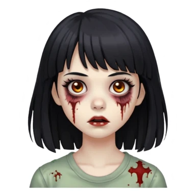 Zombie girl, black hair with bangs, slightly wavy, layered haircut, long eyelashes, black eyes. sticker