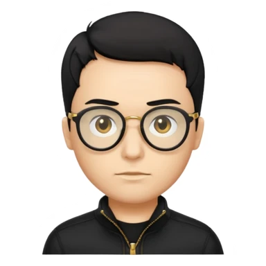 A guy with short black hair, black clothing, golden zipper with black glasses sticker