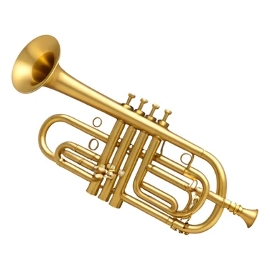 Create a sleek and polished emoji representing the Brahner trumpet. The design should feature the shiny brass body of the trumpet, with its distinct bell shape and coiled tubing. Highlight the three smooth, finger-operated valves, and the mouthpiece at the top of the instrument. The finish of the trumpet should be a rich, golden brass tone with subtle reflections, giving it a polished and professional appearance. Add musical notes or soundwaves around the bell of the trumpet to evoke its bold and brassy sound. Use golden, brass, and silver tones to emphasize the vibrant, high-quality design of the trumpet. The background should be transparent. sticker