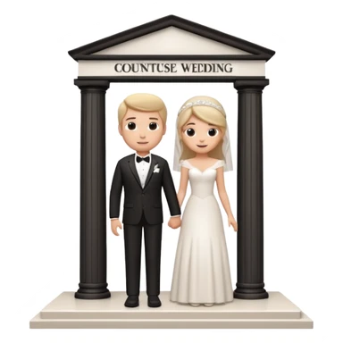 A 3D cartoon courthouse wedding venue with a bride and groom standing at the entrance, elegant white columns, soft natural lighting, simple modern decor, minimal background, realistic Memoji-style rendering. sticker