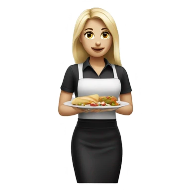 blonde waitress with straight hair wearing black polo and holding a plate of food sticker