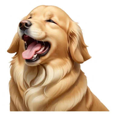 Cinematic Cute Yawning Golden Retriever Portrait Emoji, Head tilted slightly with a dramatic, wide-open yawn, revealing a silky golden coat with a subtle shimmer, floppy ears slightly drooping, round brown eyes barely open in drowsy contentment, Simplified yet irresistibly adorable features, highly detailed, glowing with a soft, cozy glow, high shine, relaxed yet expressive, stylized with a touch of whimsy, bright and endearing, soft glowing outline, capturing the essence of a sleepy yet affectionate companion, so drowsy it feels like it could stretch out of the screen and curl up for a nap! sticker