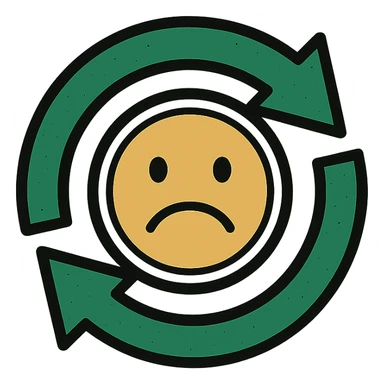 turnover arrows forming a circle with a frowning face in the center, classic look, green gold and white color scheme, elegant lines, decorative details, no background sticker