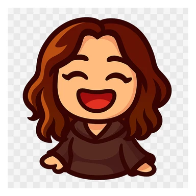 Create a chibi emote of the woman in the first reference image, in the style of the second reference image, laughing with eyes closed sticker