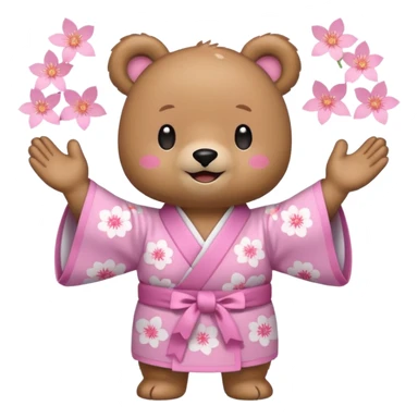 A cute light-brown bear wearing a pastel pink sakura-patterned kimono, normal balanced body ratio.  
Clapping hands cheerfully with a big bright smile and small spark effects around.  
Kawaii emoji style, minimalistic clean sticker illustration, white background.
 sticker