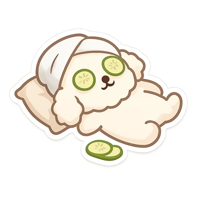 Transform the image into a WhatsApp sticker by removing the background, leaving only the relaxed dog with cucumber slices on its eyes, and adding a white border around it for a sticker effect. sticker