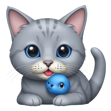 Old grey cat holding in mouth tiny blue seal  sticker