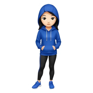 A pretty white/asian tanned girl with medium long strait dark brown almost black hair wearing a royal blue hoodie and black leggings pretty tan sticker