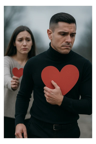 un uomo italiano in abiti casual si allontana da una donna che cerca di abbracciarlo. Lui stringe al petto un grande cuore rosso, mentre lei ne tiene uno più piccolo; entrambi hanno espressioni tristi, e la distanza emotiva è sottolineata da uno sfondo sfocato e freddo. sticker