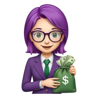 girl with purple hair and dark green suit. she is wearing glasses and hold bag of money. she smiles and whinks  sticker
