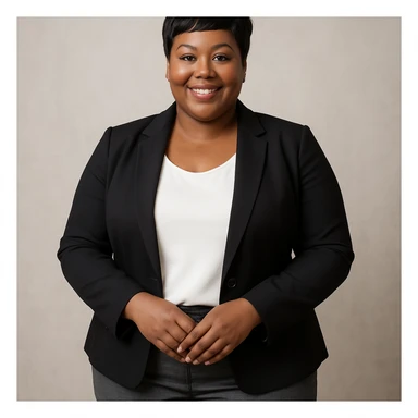 plus size Black woman with a pixie cut, business casual outfit, friendly expression, standing pose sticker