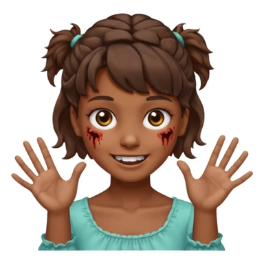 Cabelo ondulado  um pouco cheio e franja curta  Olhos marrons e pequenos e feita d ezumbi mais bonita com cabelo amarro na e com as mãos assim tipo assim🧟‍♀️ sticker