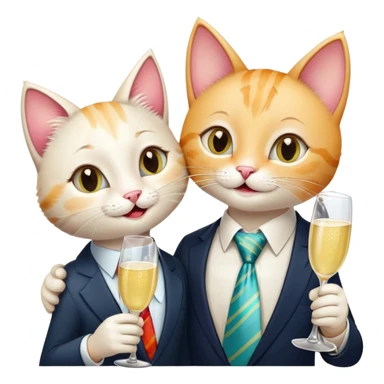 happy girl cat with eyelashes wearing a colorful necktie and happy boy cat wearing a professional necktie clinking champagne glasses together in celebration, both with cheerful expressions sticker