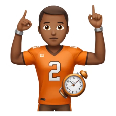 Black man in a brown and orange football jersey holding up his left arm with a watch on, pointing at the watch with his right hand sticker
