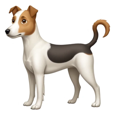 a full body large white parson russell looking dog the size of a kelpie with light brown ears and a light brown patch on one eye and a large snout sticker
