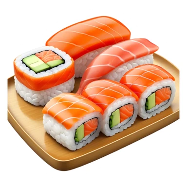 Sushi Cinematic Realistic Sushi Dish Emoji, depicted as one or two artfully arranged pieces of fresh sushi, rendered with delicate textures and subtle, natural lighting that highlights its refined simplicity. sticker