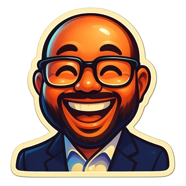 Create a funny emoji version of the person in the photo, exaggerating the smile and glasses for a playful effect. Keep the background transparent. Use a retro stickers style for the emoji. sticker