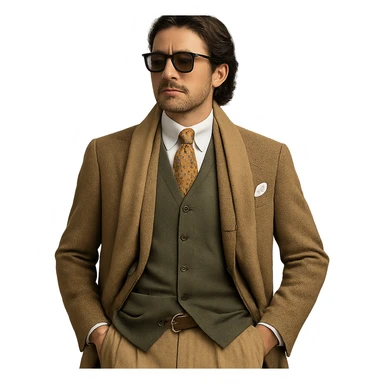 a wealthy gentleman in vintage preppy attire, sunglasses, medium-length black hair, old money style sticker