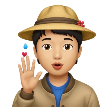 asian man in asian hat blowing a liss sticker