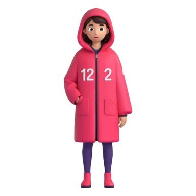 A girl with sideways hair, wearing a Squid Game-style coat with the number 120 on the right side of the coat, 3D emoji style sticker