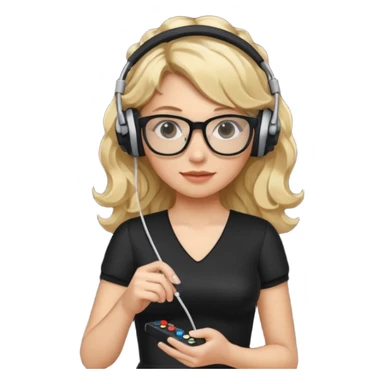 
gamer, woman with blond wavy hair, tight black dress with a white line with glasses, headphone, gamepad sticker