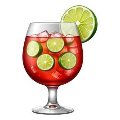 A round wine glass filled with bright red Campari tonic, lots of ice, and a lime wedge on top. sticker