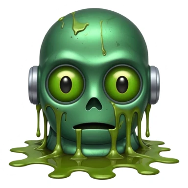 make a tired old melting robot emoji, covered in green sludge, 2d, make the eyes melting and gross sticker