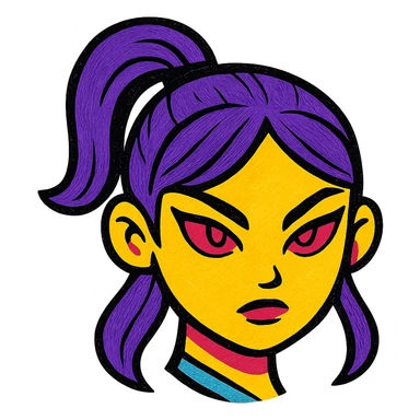 fierce K-pop warrior girl emoji face with sleek violet hair in a high ponytail, glowing red almond-shaped eyes, bold eyeliner, calm but intense expression, modern pop-art style sticker