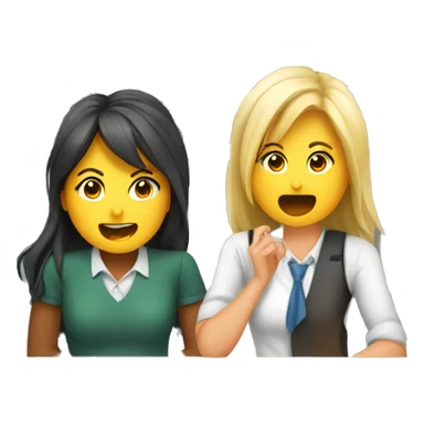 2 students sitting at desks and chatting. Teacher is yelling sticker