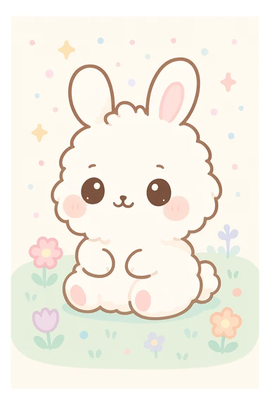 kawaii chibi bunny, fluffy and cute, large round eyes, pink cheeks, sitting in a pastel grassy field with spring flowers, digital art, cartoon style, 4k sticker