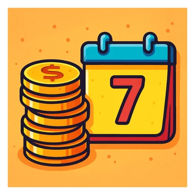 stack of coins with a calendar page showing '7', representing a weekly coin bonus, colorful cartoon style sticker