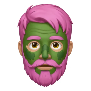 pink haired man with full full face dirty messy green clay mask and beard sticker