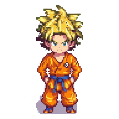 Goku, spiky hair, orange gi, pixel art style sticker