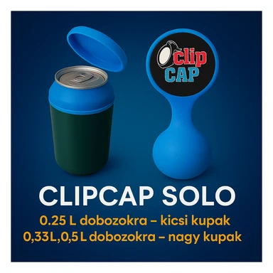 A kupakokat színezd át kékre. A CLIPCAP DUO felírat helyett CLIPCAP SOLO felírat legyen, a "kicsi és nagy kupak a csomagban" szöveg helyett "0.25L dobozokra - kicsi kupak" és a "0.33L,0.5L dobozokra - nagy kupak" külön sorban. sticker