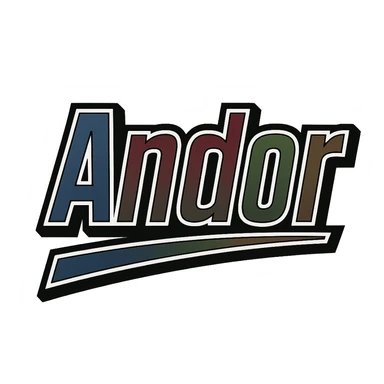 Text image of the name 'Andor' in a masculine, modern font with gradient colors including blue, gray, burgundy, green, and brown. The text has precise Hungarian characters, a dark contour, extra thick and prominent white letter border, dynamic slanted underline. Image size 1000x1000 px, PNG format, transparent background. sticker