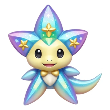 Elemental pastel-iridescent shimmering lucky charming starry smiling cute Jirachi-Dragalge-Pokémon-Fakémon-hybrid-creature sticker